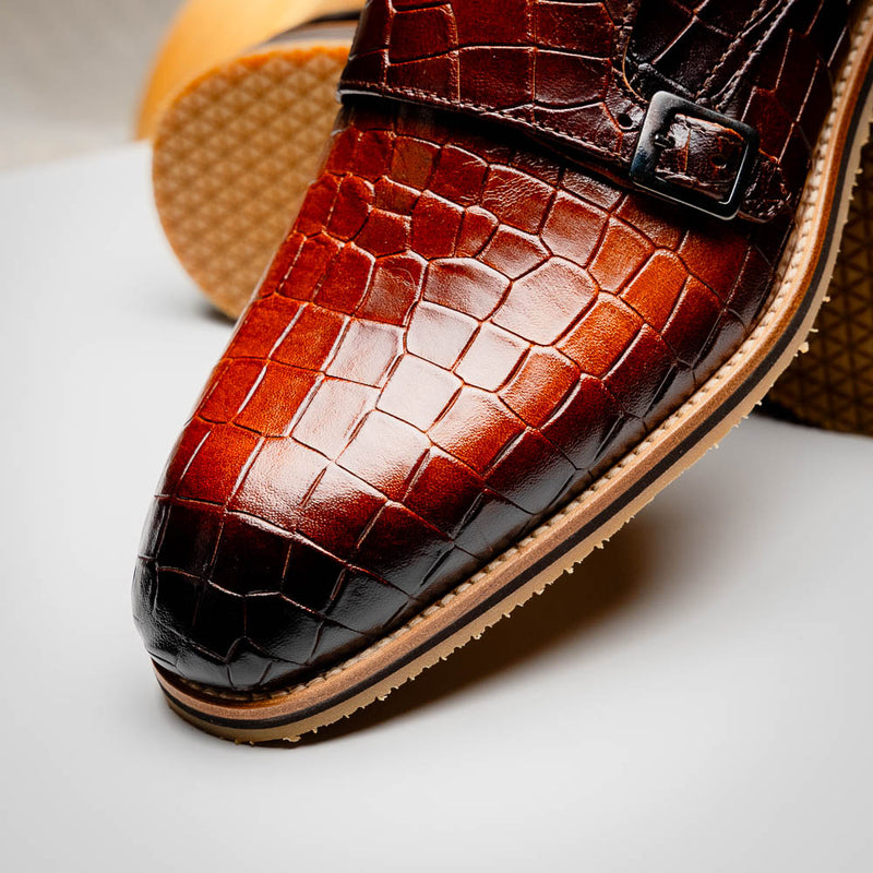 Handmade Black Crocodile Texture Leather Single Monk Strap Boots Dress Shoes