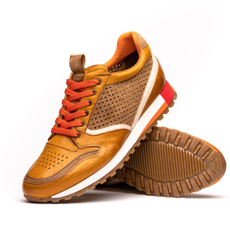 65-224-MUS MATTEO Italian Calf and Suede Perforated Sneakers, Mustard