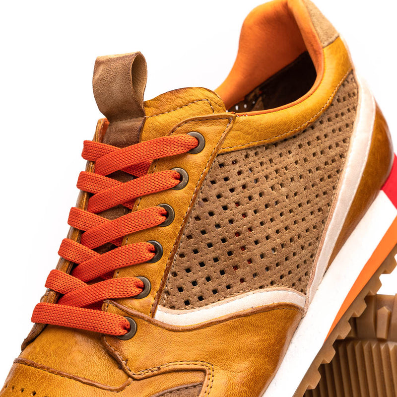 65-224-MUS MATTEO Italian Calf and Suede Perforated Sneakers, Mustard