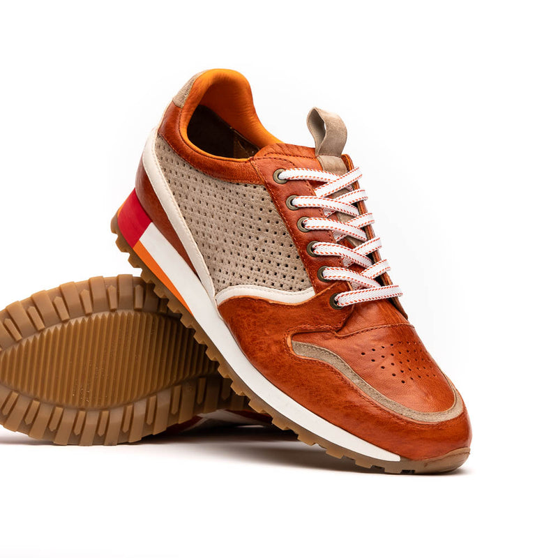 65-224-ONG MATTEO Italian Calf and Suede Perforated Sneakers, Burnt Orange