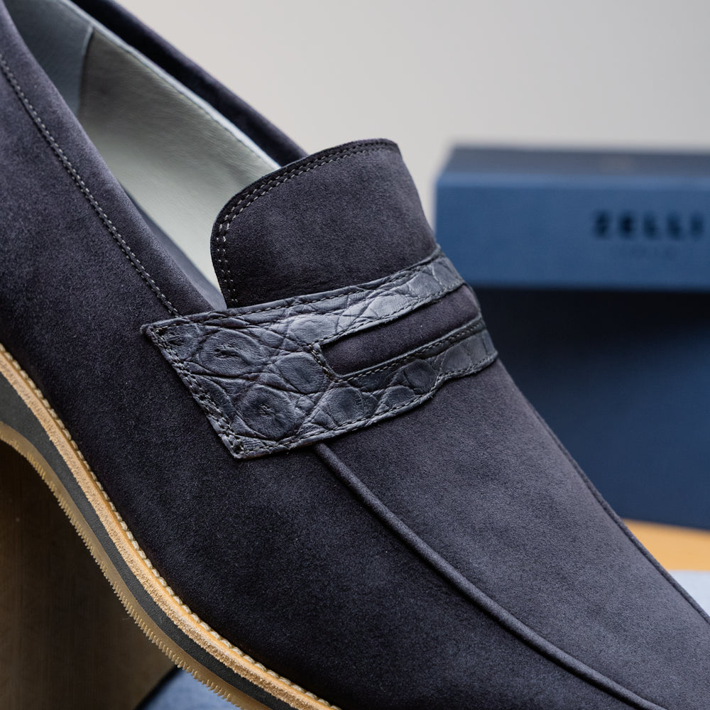 11-035-GRY MEO 3 Sueded Goatskin Penny Loafer, Grey