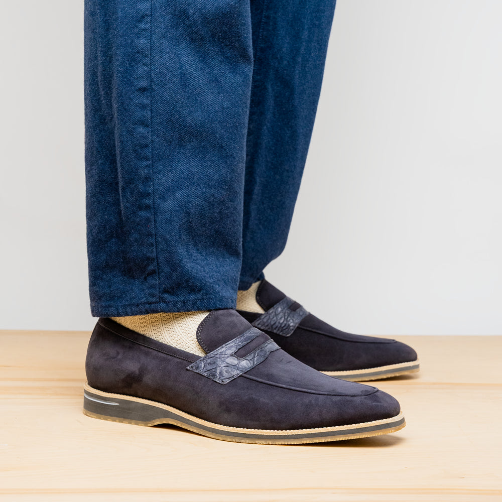 11-035-GRY MEO 3 Sueded Goatskin Penny Loafer, Grey