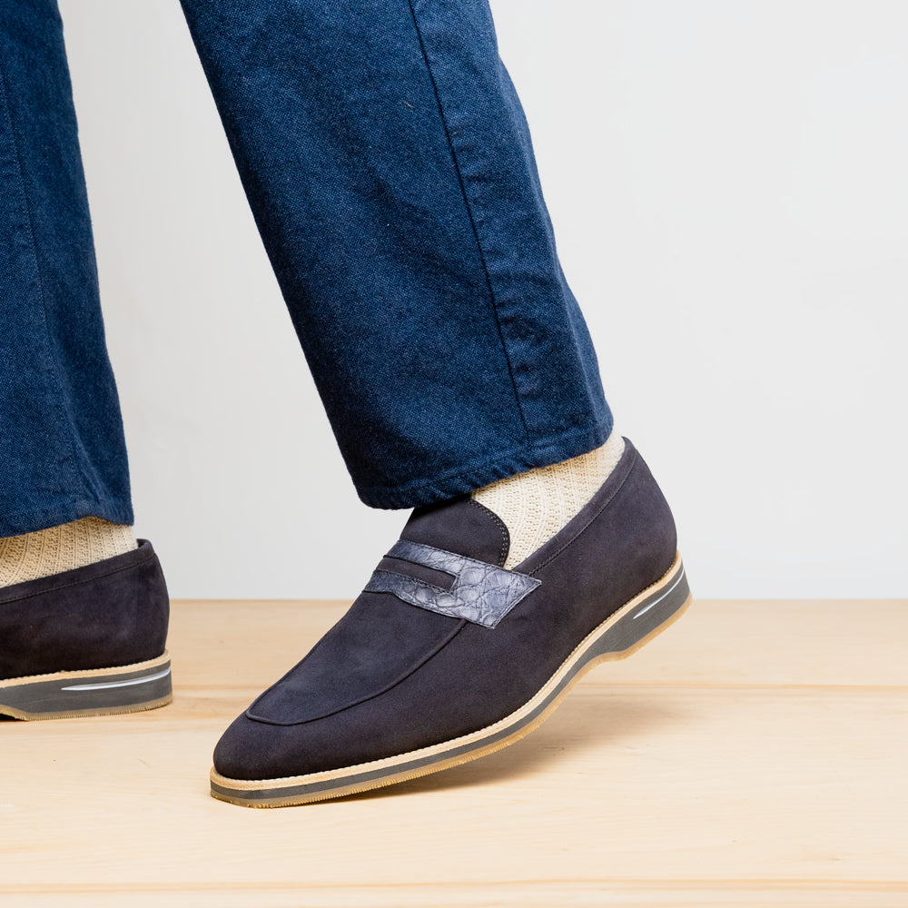 11-035-GRY MEO 3 Sueded Goatskin Penny Loafer, Grey