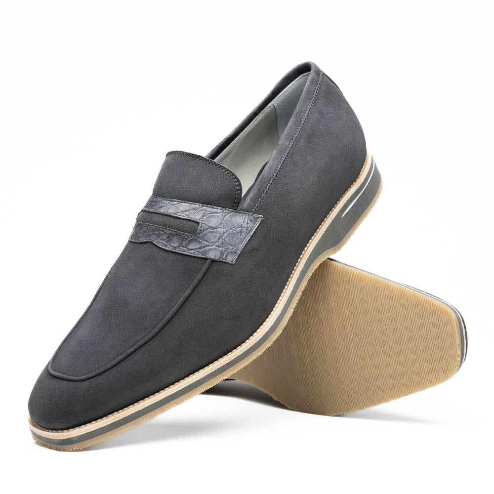 11-035-GRY MEO 3 Sueded Goatskin Penny Loafer, Grey