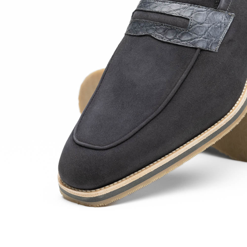 11-035-GRY MEO 3 Sueded Goatskin Penny Loafer, Grey