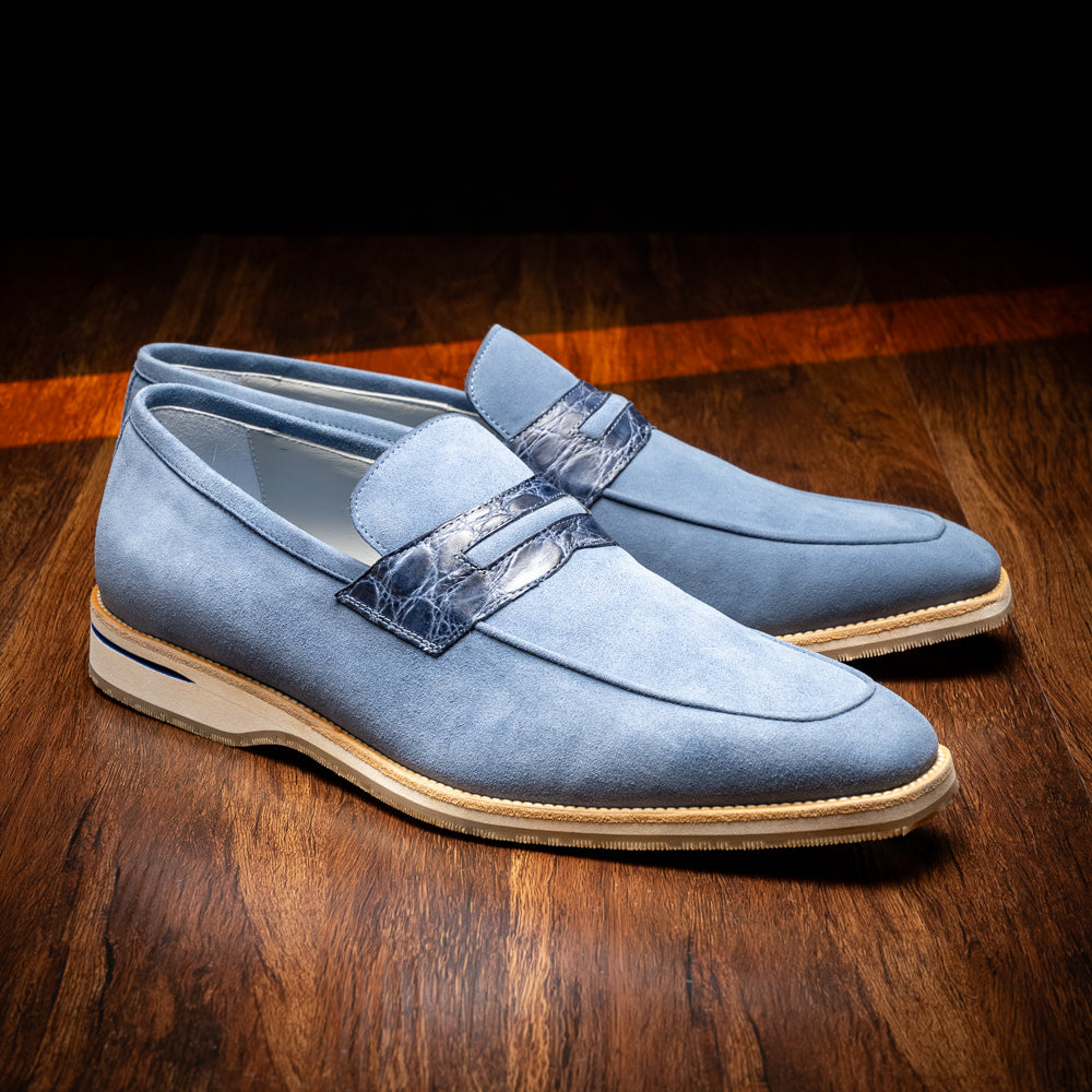 11-020-BLU MEO 3 Sueded Goatskin Penny Loafer, Water Blue