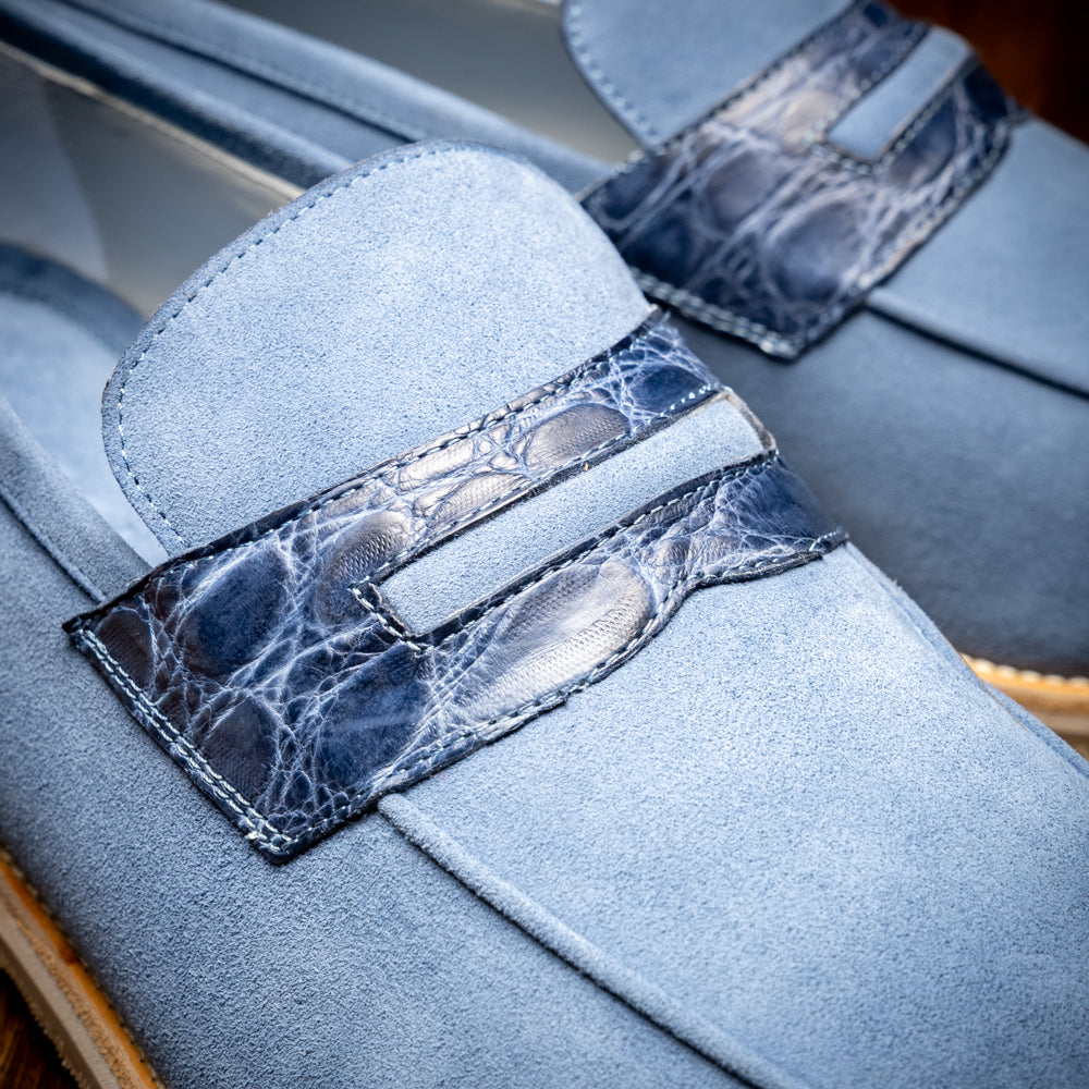 11-020-BLU MEO 3 Sueded Goatskin Penny Loafer, Water Blue
