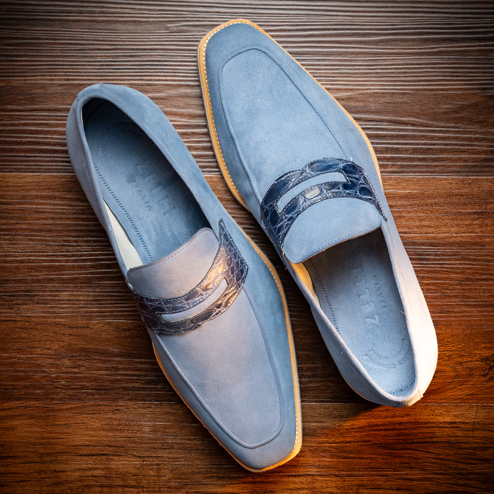 11-020-BLU MEO 3 Sueded Goatskin Penny Loafer, Water Blue