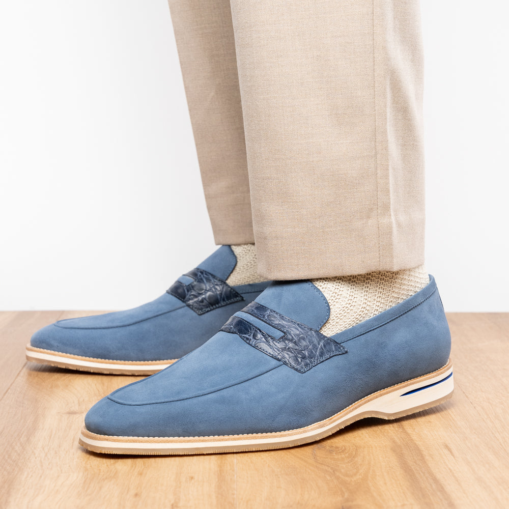 11-020-BLU MEO 3 Sueded Goatskin Penny Loafer, Water Blue
