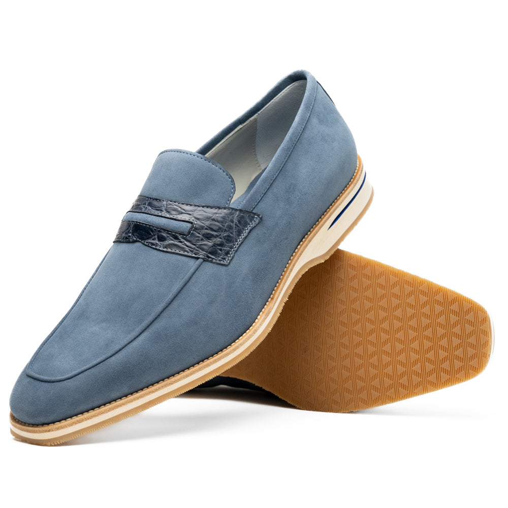 11-020-BLU MEO 3 Sueded Goatskin Penny Loafer, Water Blue