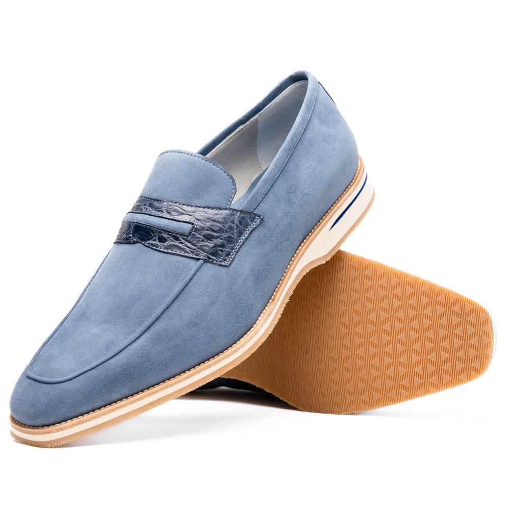 11-020-BLU MEO 3 Sueded Goatskin Penny Loafer, Water Blue