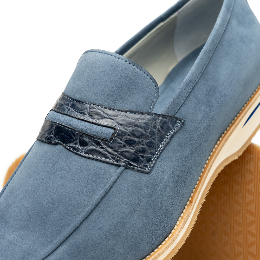 11-020-BLU MEO 3 Sueded Goatskin Penny Loafer, Water Blue