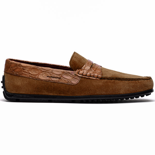 31-160-CGN MONZA Sueded Calfskin with Crocodile Driver, Cognac