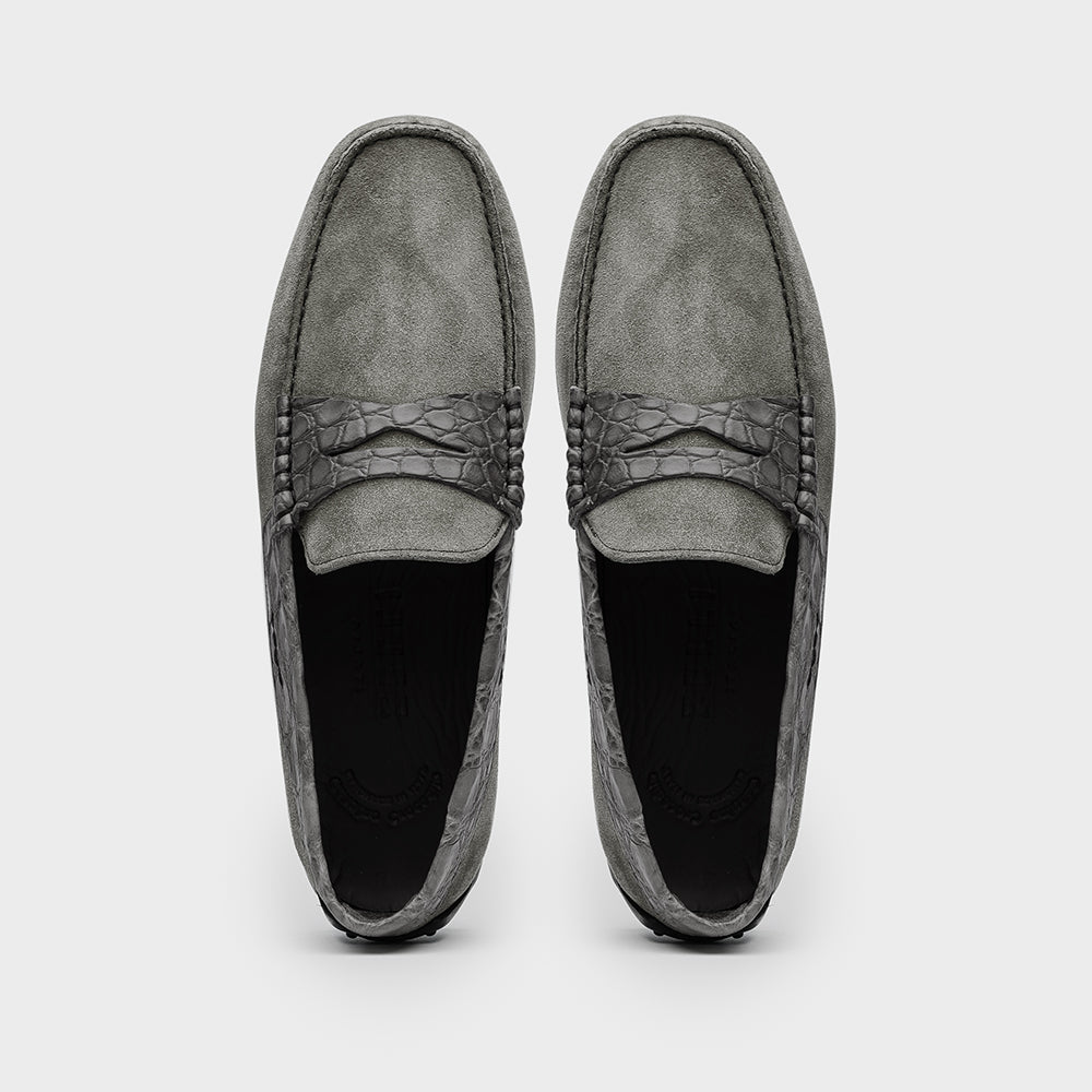 31-160-GRY MONZA Sueded Calfskin with Crocodile Driver, Grey