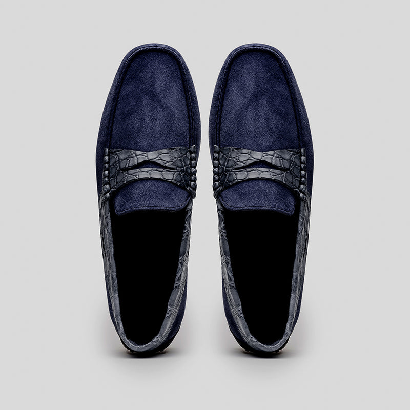 31-160-NVY MONZA Sueded Calfskin with Crocodile Driver, Navy