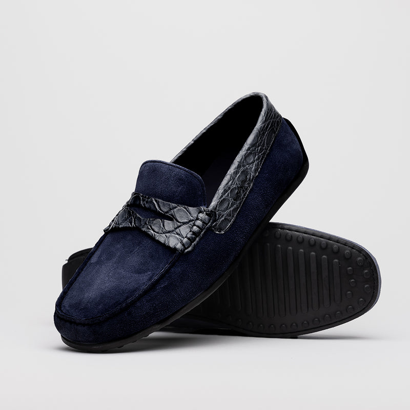 31-160-NVY MONZA Sueded Calfskin with Crocodile Driver, Navy