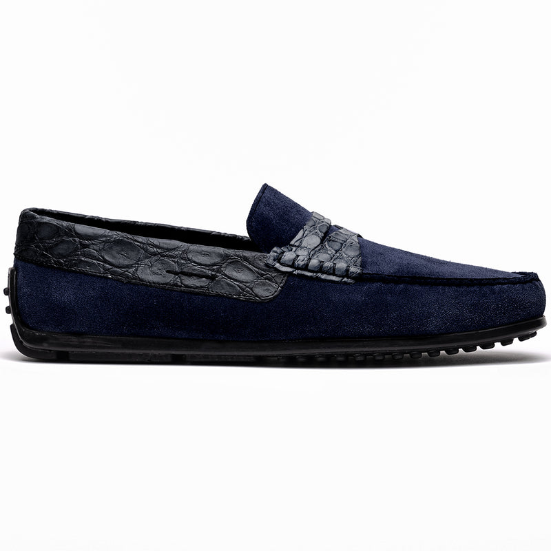 31-160-NVY MONZA Sueded Calfskin with Crocodile Driver, Navy