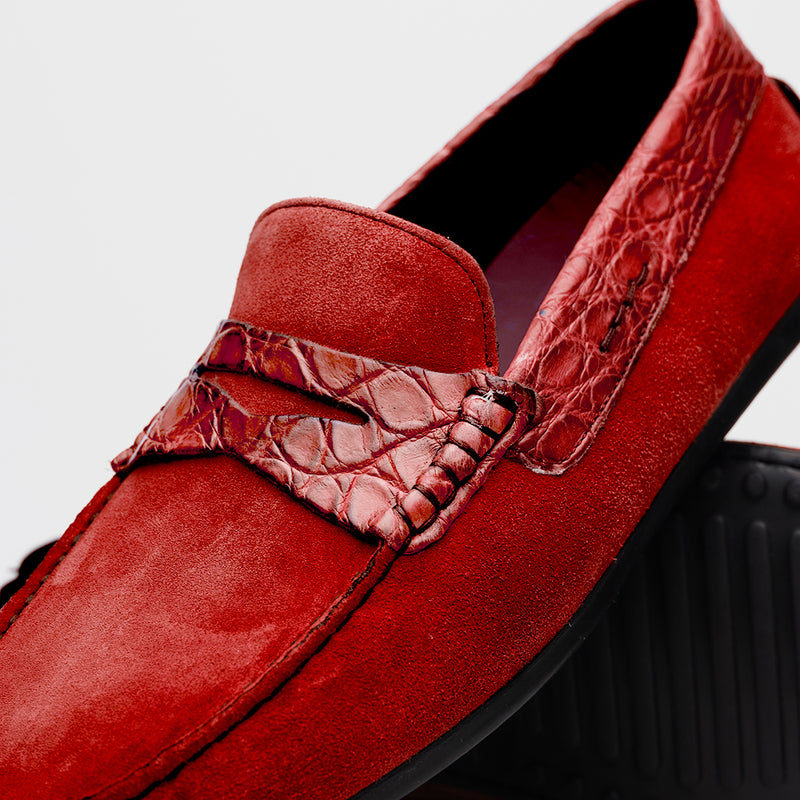 31-160-RED MONZA Sueded Calfskin with Crocodile Driver, Red