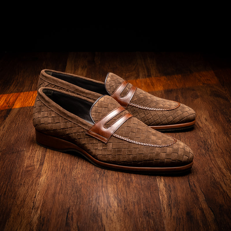 16-696-BRN PISA Italian Suede Hand-Woven Loafers Brown
