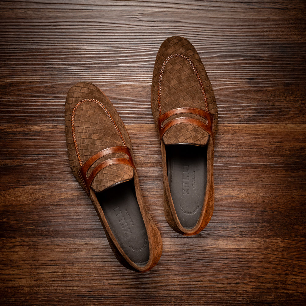 16-696-BRN PISA Italian Suede Hand-Woven Loafers Brown