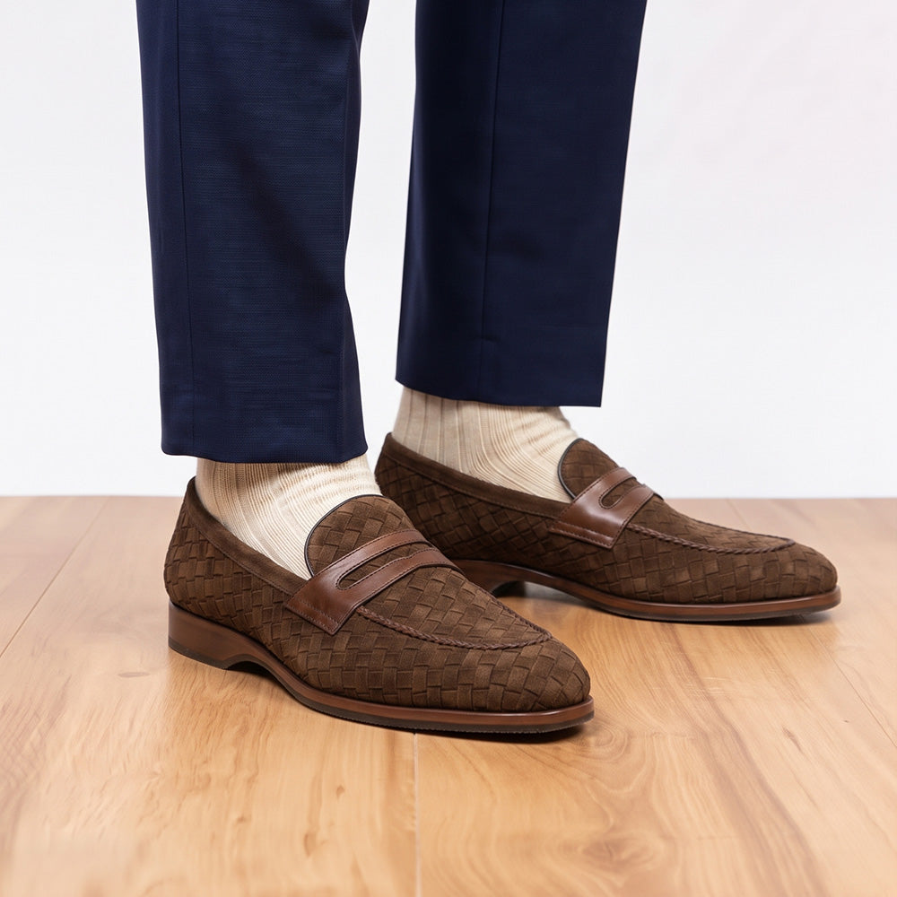16-696-BRN PISA Italian Suede Hand-Woven Loafers Brown