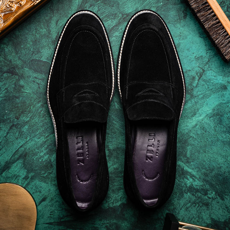 16-657-BLK ROMA Italian Suede Penny Loafers Black