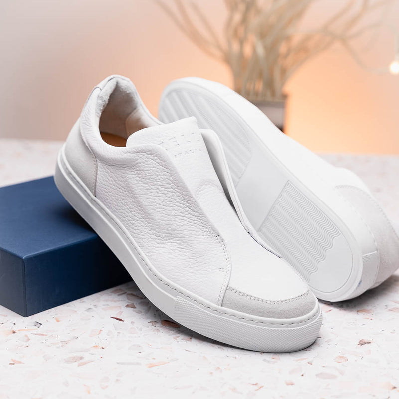 65-225-WHT SPETTACOLARE Italian Pebble Grain Calfskin Sneakers White