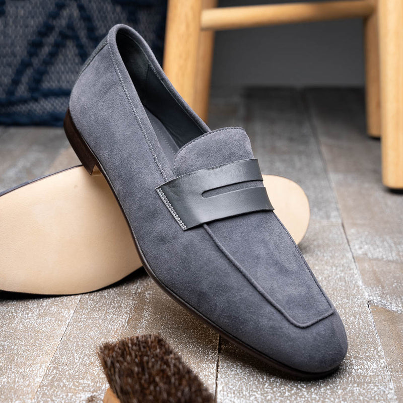16-672-GRY Tippa Suede & Calfskin Penny Loafers Grey