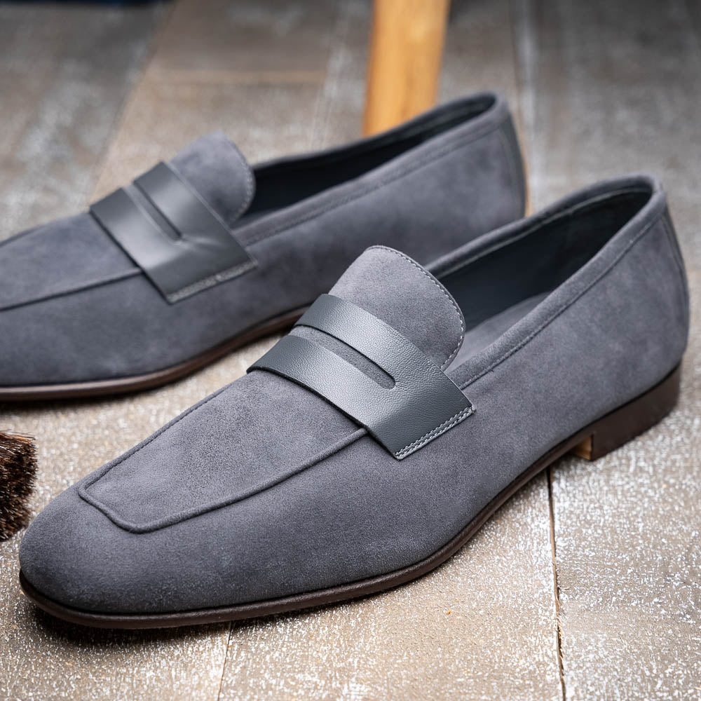 16-672-GRY Tippa Suede & Calfskin Penny Loafers Grey – Zelli Italia