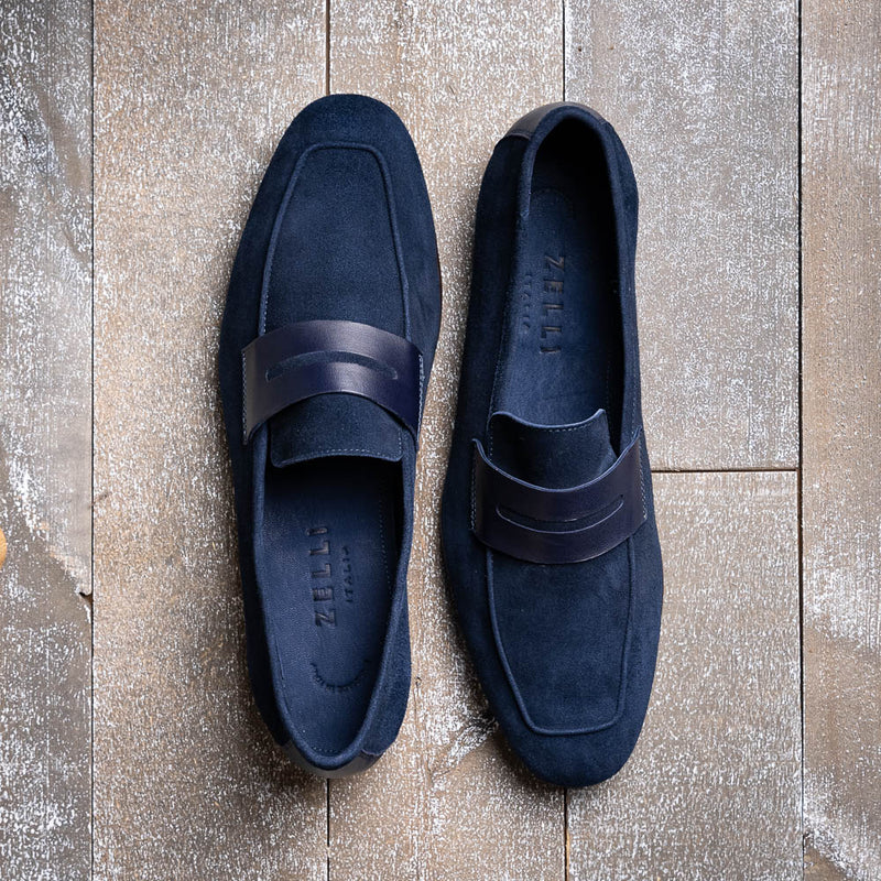 16-672-NVY Tippa Suede & Calfskin Penny Loafers Navy