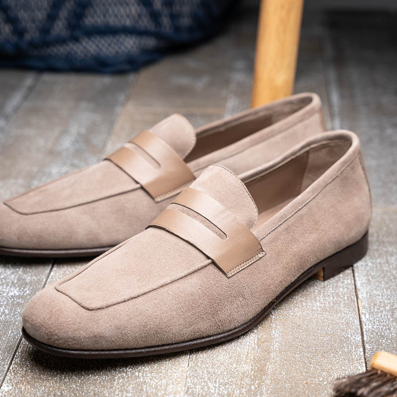 16-672-TPE Tippa Suede & Calfskin Penny Loafers Taupe