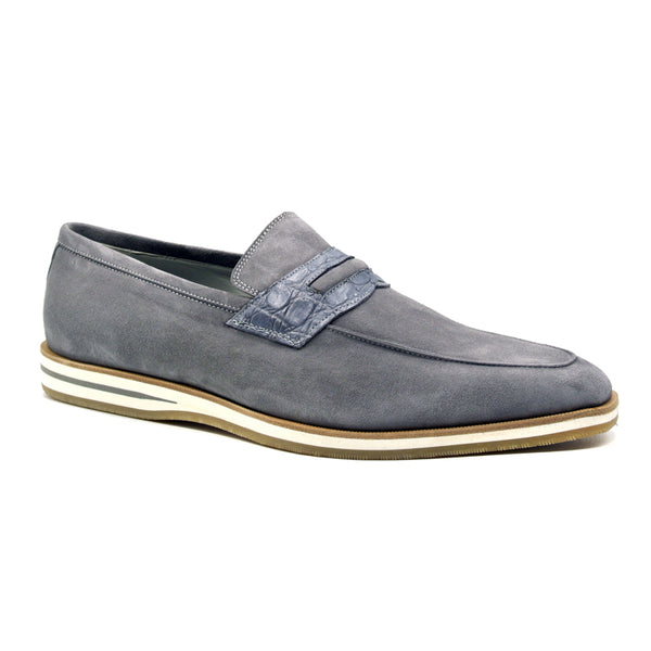 11-020-GRY MEO 3 Sueded Goatskin Penny Loafer, Gray