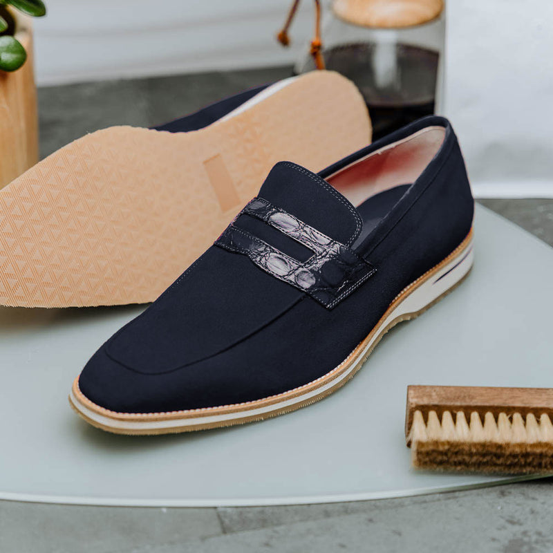 11-020-NVY MEO 3 Sueded Goatskin Penny Loafer, Navy