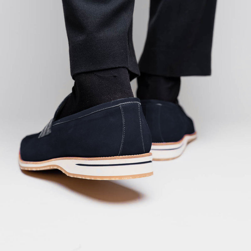 11-020-NVY MEO 3 Sueded Goatskin Penny Loafer, Navy