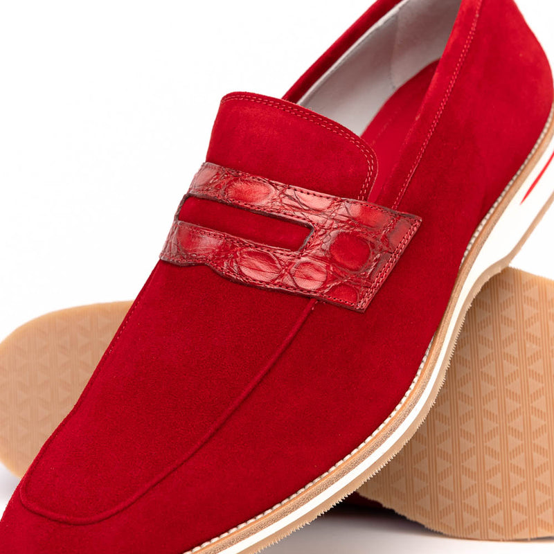 11-020-RED MEO 3 Sueded Goatskin Penny Loafer, Red