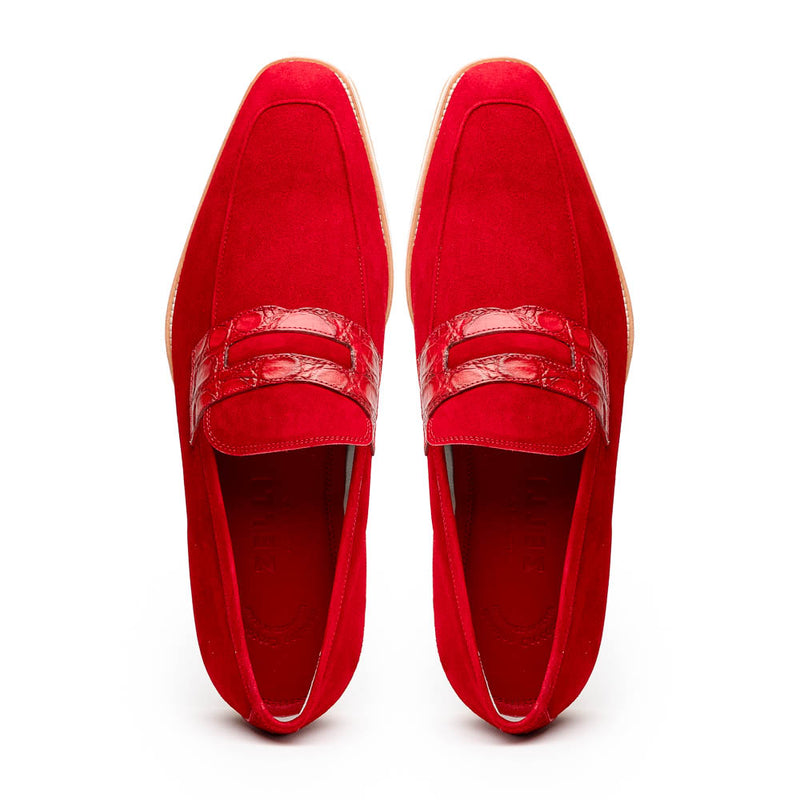 11-020-RED MEO 3 Sueded Goatskin Penny Loafer, Red