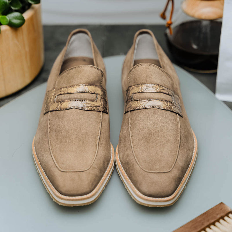 11-020-TPE MEO 3 Sueded Goatskin Penny Loafer, Taupe