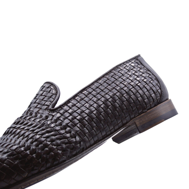 19-229-DBR LUCE Italian Calfskin Woven Loafer, Dark Brown