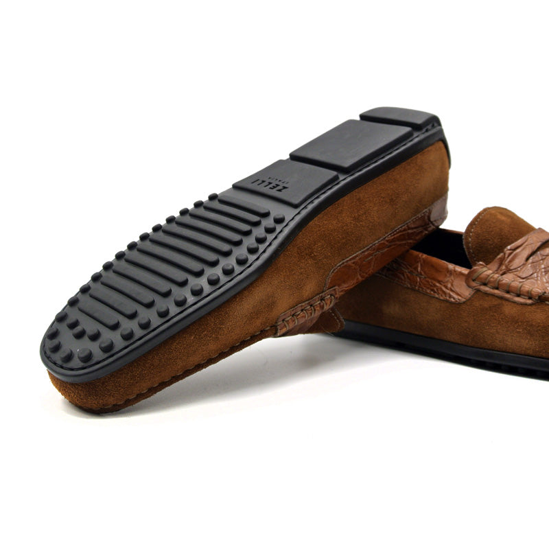31-160-CGN MONZA Sueded Calfskin with Crocodile Driver, Cognac