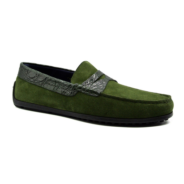 31-160-GRN MONZA Sueded Calfskin with Crocodile Driver, Green