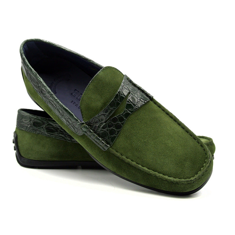 31-160-GRN MONZA Sueded Calfskin with Crocodile Driver, Green