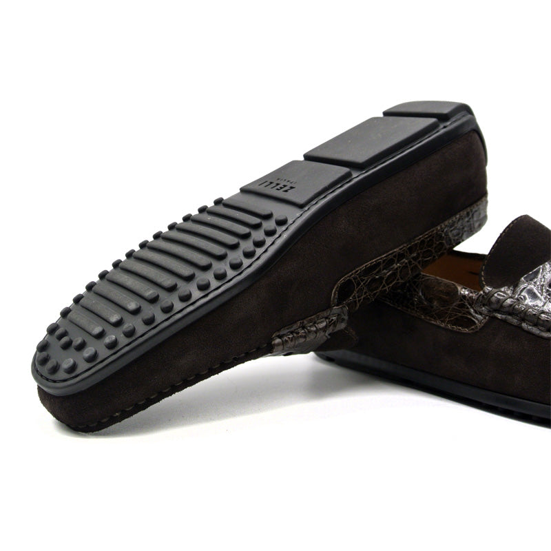 31-160-NIC MONZA Sueded Calfskin with Crocodile Driver, Nicotine