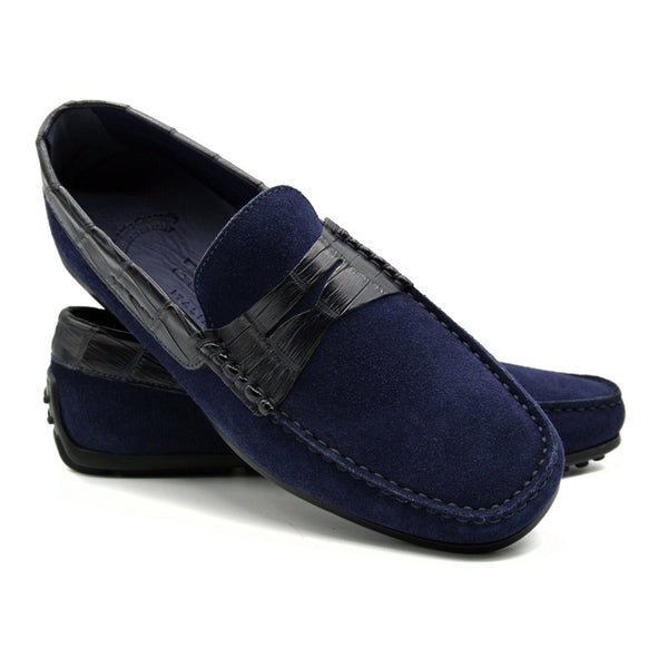 31-160-NVY MONZA Sueded Calfskin with Crocodile Driver, Navy