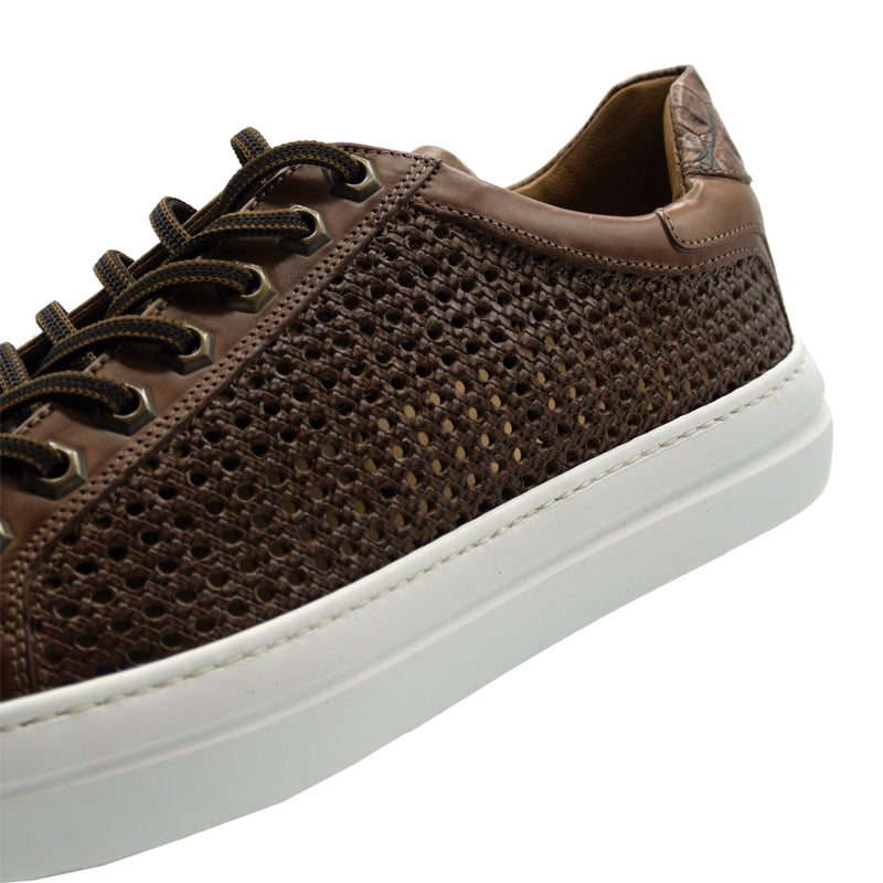 65-202-CGN VENTO Calfskin Side Weave & Embossed Crocodile Sneaker, Cognac