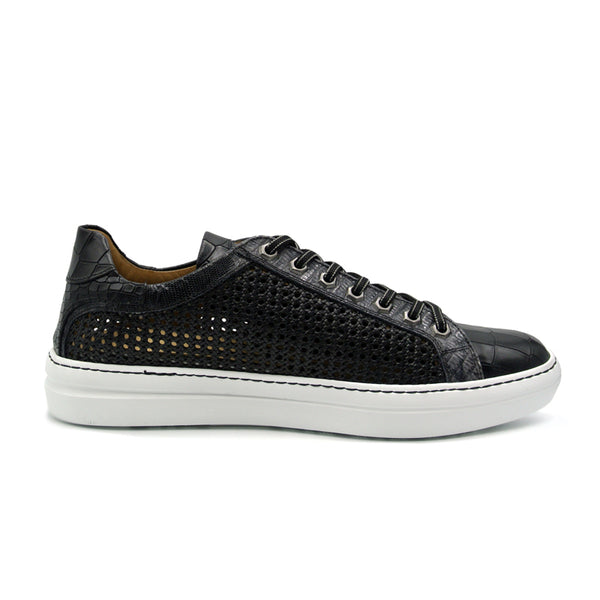 65-205-BLK VENTO Calfskin Side Weave & Embossed Crocodile Sneaker, Black