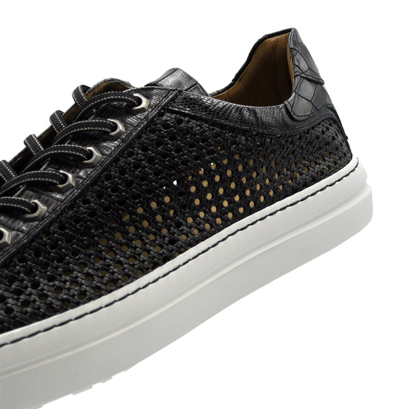 65-205-BLK VENTO Calfskin Side Weave & Embossed Crocodile Sneaker, Black