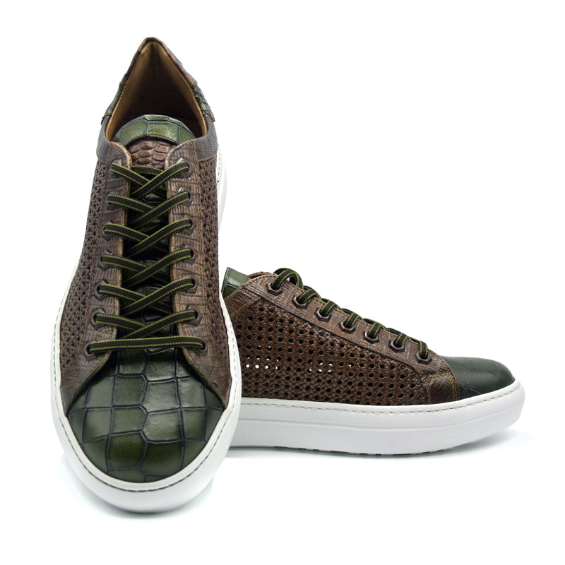 65-205-CGN VENTO Calfskin Side Weave & Embossed Crocodile Sneaker, Cognac