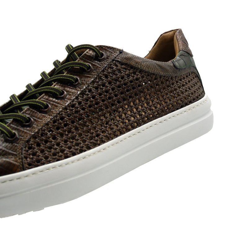 65-205-CGN VENTO Calfskin Side Weave & Embossed Crocodile Sneaker, Cognac