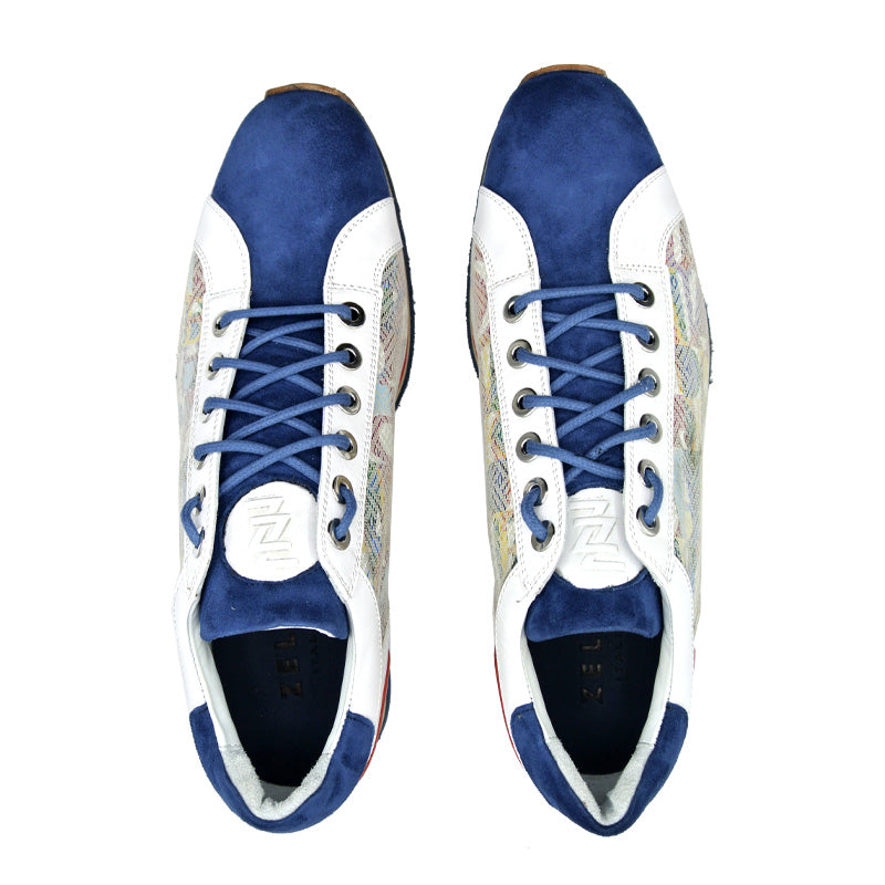 65-211-BLU ALPHA Sueded Calfskin with Print Sneaker, Blue